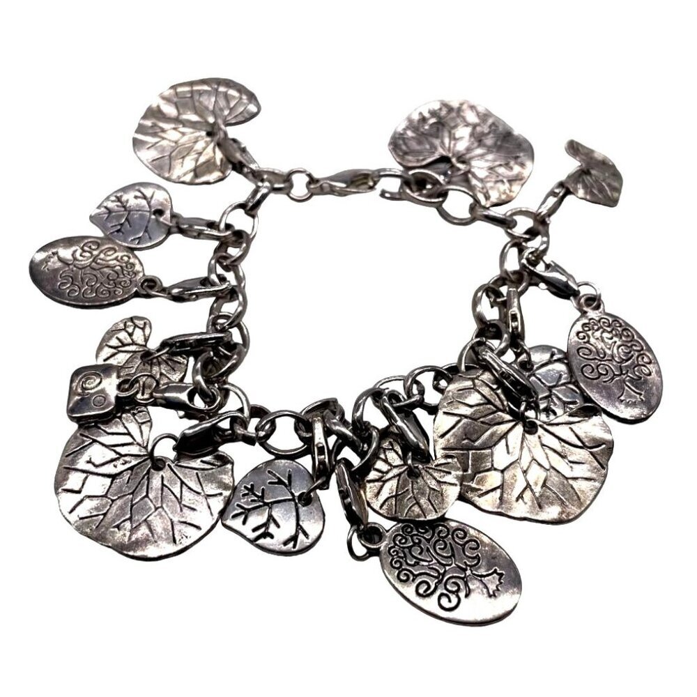 Textured Tree and Life Charm Link Bangle Bracelet Silver Tone Cottage-core